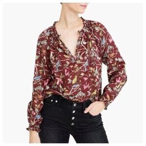 J. Crew Point Sur Ruffle Neck Popover Top Menagerie Bird Print XS NWT